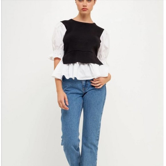English Factory Sweater Poplin Mixed Top - Picture 1 of 10
